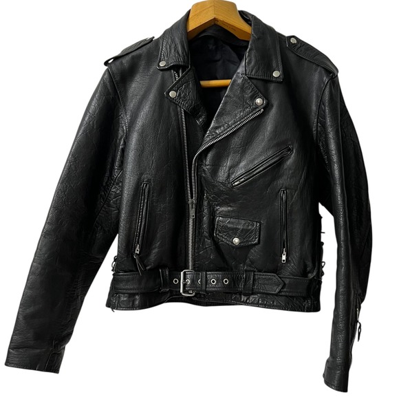 Mens Black Full Grain Leather Motorcycle Jacket Lace Up Sides Belt Size L - Picture 8 of 8